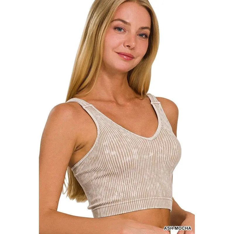 Washed Ribbed Cropped Seamless V - Neck Tank TOP - LECCE