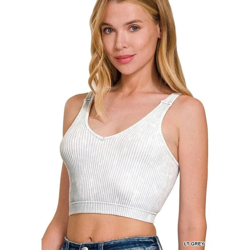 Washed Ribbed Cropped Seamless V - Neck Tank TOP - LECCE