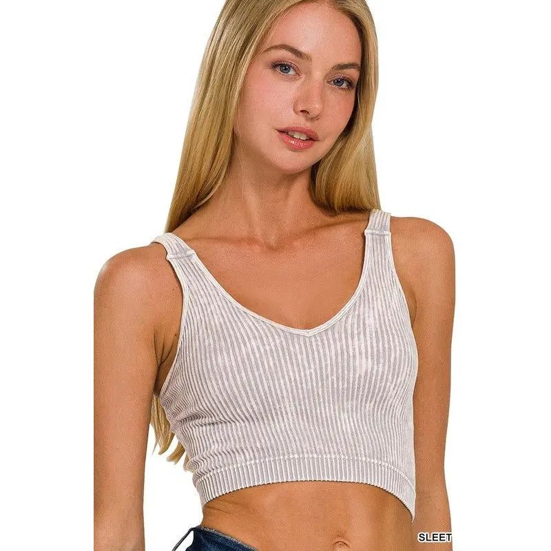 Washed Ribbed Cropped Seamless V - Neck Tank TOP - LECCE