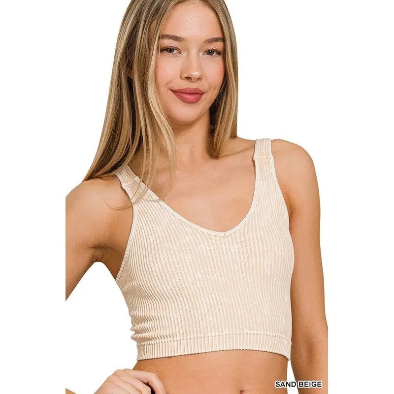 Washed Ribbed Cropped Seamless V - Neck Tank TOP - LECCE