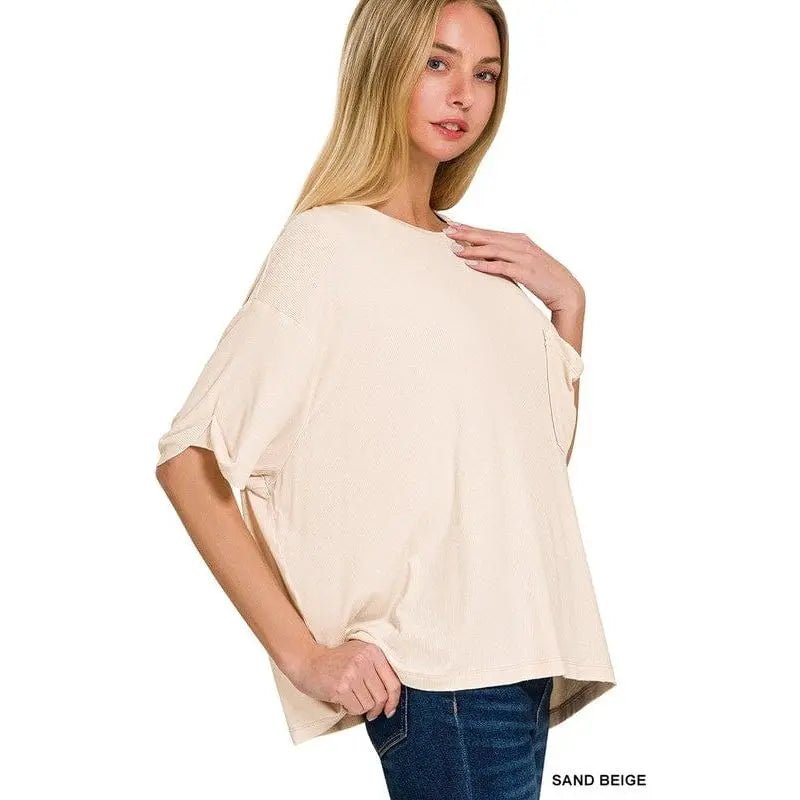 Washed Ribbed Cuffed Short Sleeve Round Neck Top - LECCE