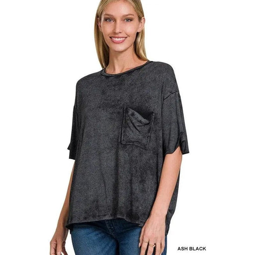 Washed Ribbed Cuffed Short Sleeve Round Neck Top - LECCE