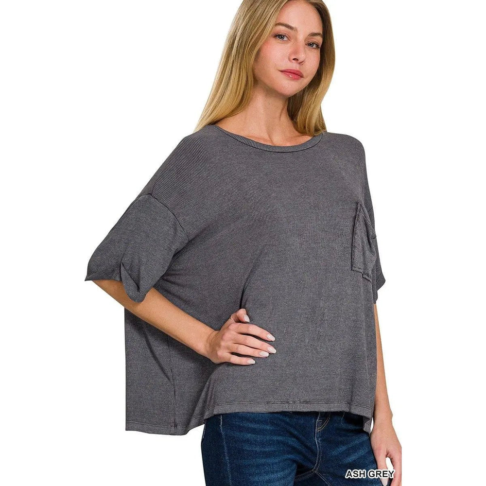 Washed Ribbed Cuffed Short Sleeve Round Neck Top - LECCE