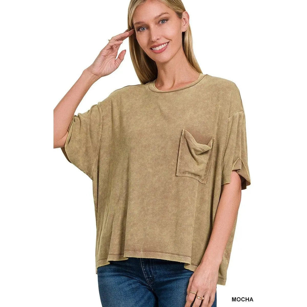 Washed Ribbed Cuffed Short Sleeve Round Neck Top - LECCE