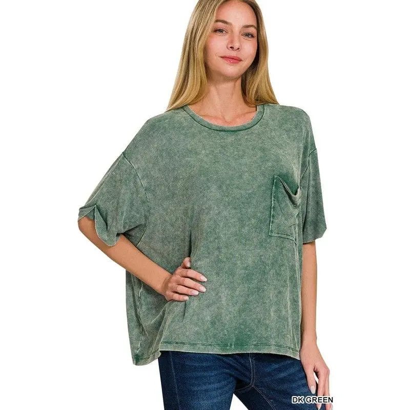 Washed Ribbed Cuffed Short Sleeve Round Neck Top - LECCE