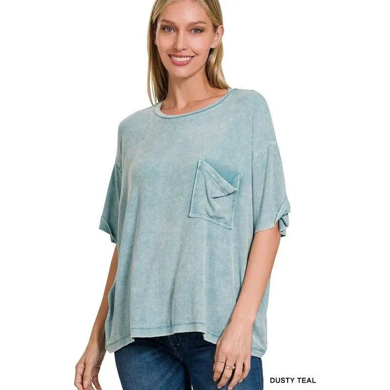Washed Ribbed Cuffed Short Sleeve Round Neck Top - LECCE