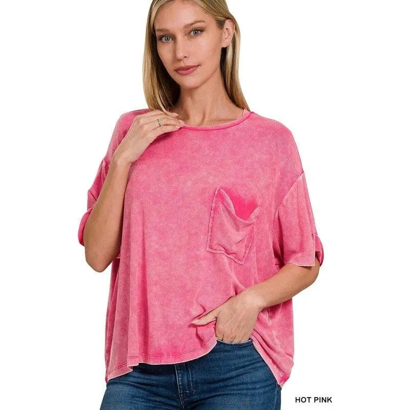 Washed Ribbed Cuffed Short Sleeve Round Neck Top - LECCE