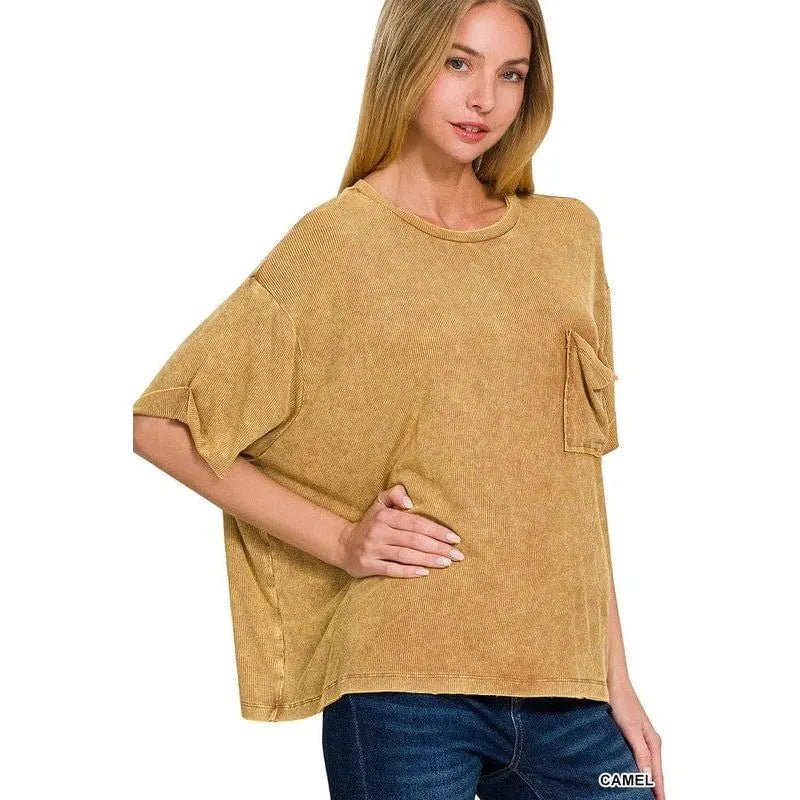 Washed Ribbed Cuffed Short Sleeve Round Neck Top - LECCE