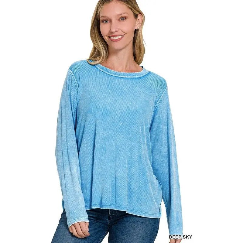 Washed Ribbed Scoop Neck Long Sleeve - LECCE