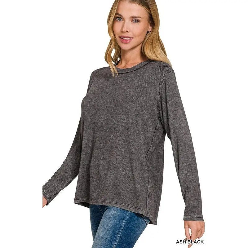 Washed Ribbed Scoop Neck Long Sleeve - LECCE