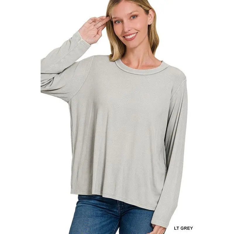 Washed Ribbed Scoop Neck Long Sleeve - LECCE