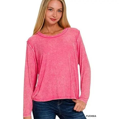 Washed Ribbed Scoop Neck Long Sleeve - LECCE