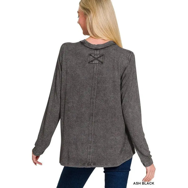 Washed Ribbed Scoop Neck Long Sleeve - LECCE