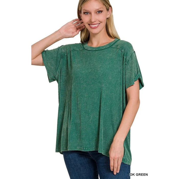Washed Ribbed Short Sleeve Boat - neck Top - LECCE