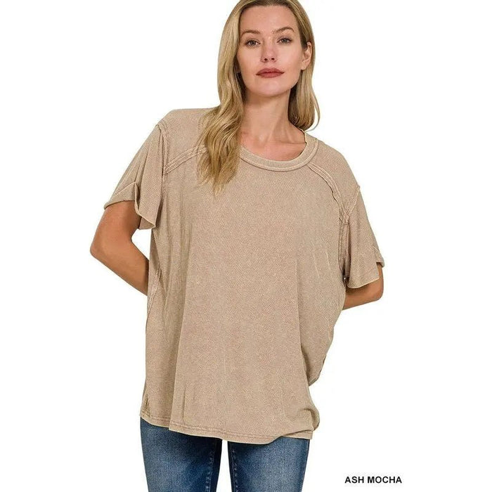 Washed Ribbed Short Sleeve Boat - neck Top - LECCE