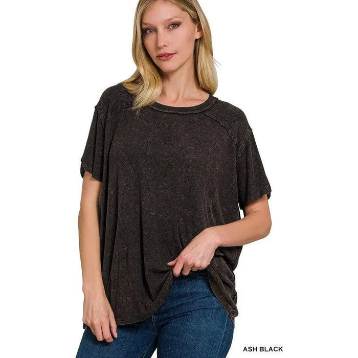Washed Ribbed Short Sleeve Boat - neck Top - LECCE