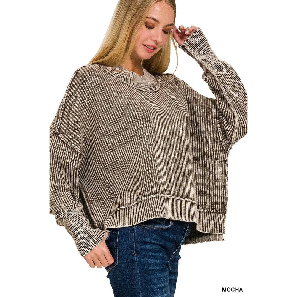 Washed Side Slit Oversized Cropped Sweater - LECCE