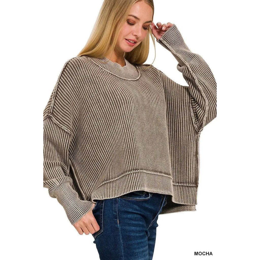 Washed Side Slit Oversized Cropped Sweater
