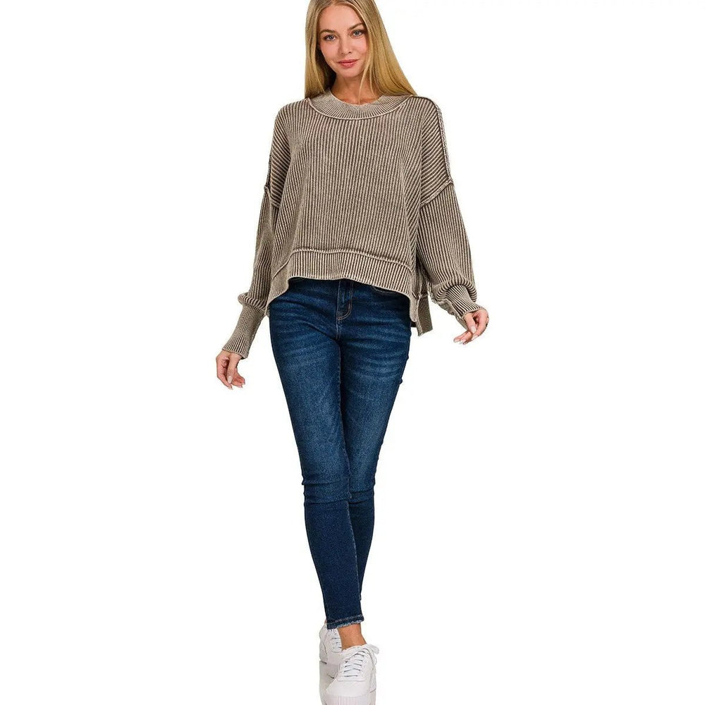 Washed Side Slit Oversized Cropped Sweater - LECCE