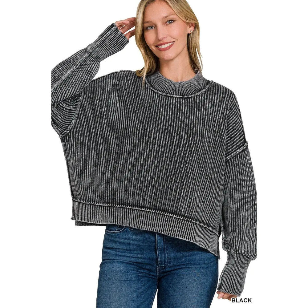 Washed Side Slit Oversized Cropped Sweater - LECCE
