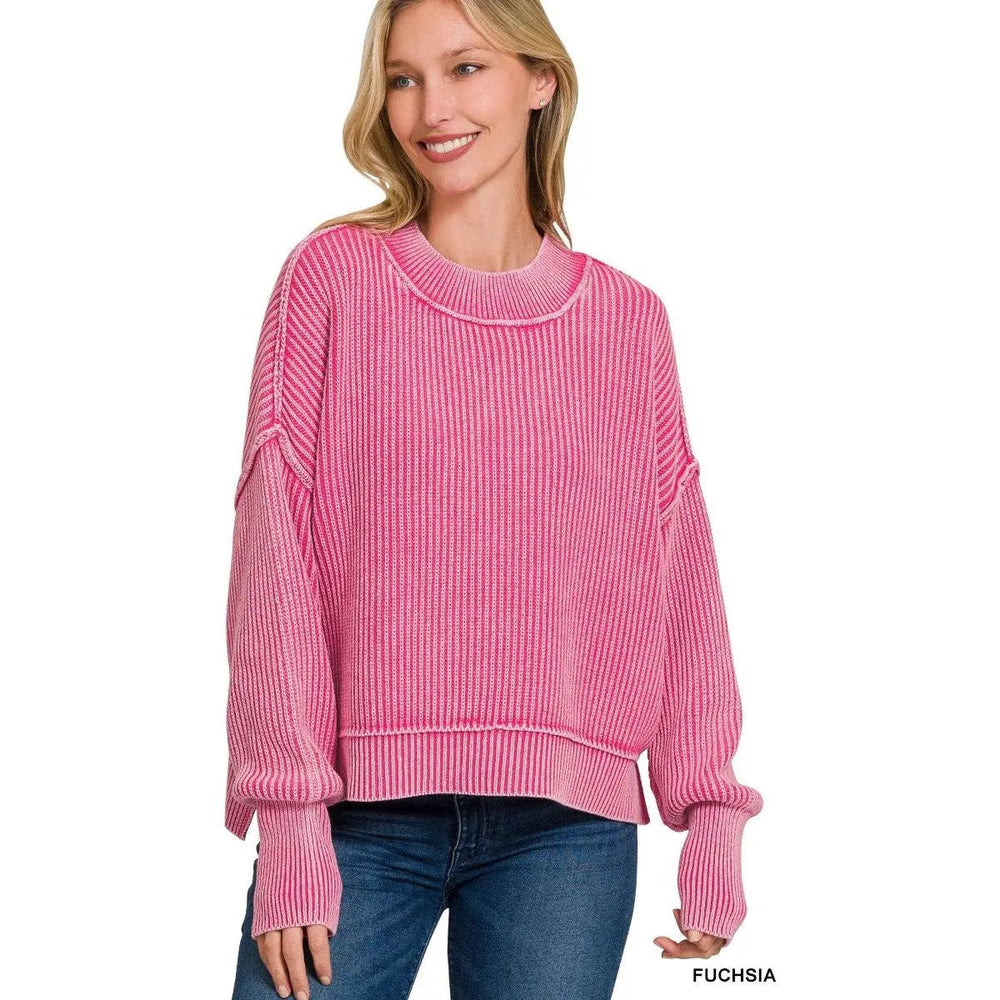 Washed Side Slit Oversized Cropped Sweater - LECCE