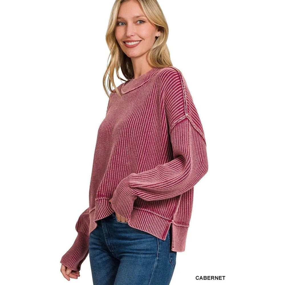 Washed Side Slit Oversized Cropped Sweater - LECCE