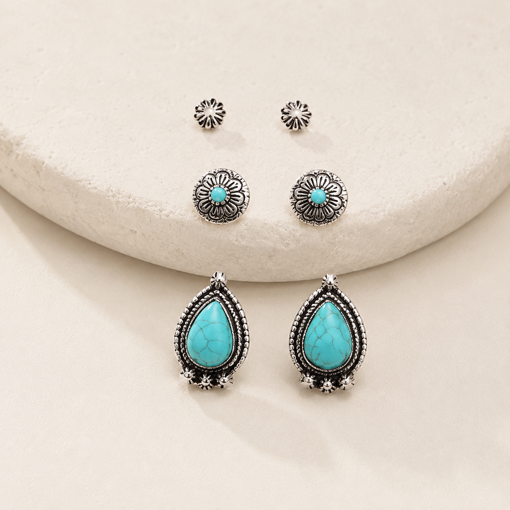 Western 3 Pair Turquoise Earring Set