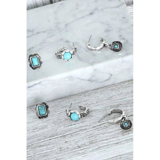 Western 3 - piece Turquoise Open Hoop Earring Set - LECCE