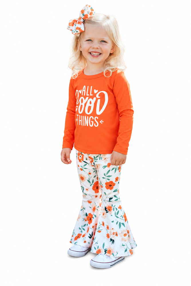 Western All Good Things Floral Bell-Bottom Girls Set on white background