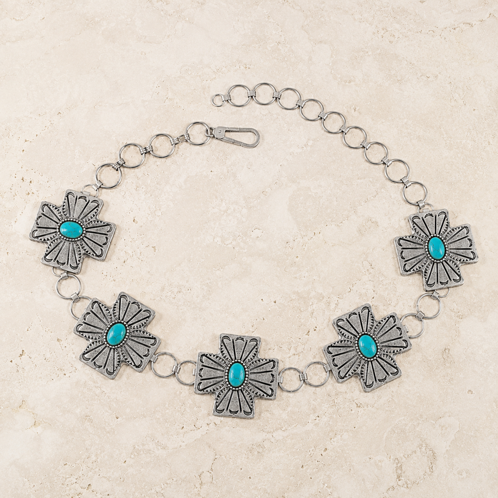 Western Aztec Cross Gemstone Fashion Chain Belt on cream stone