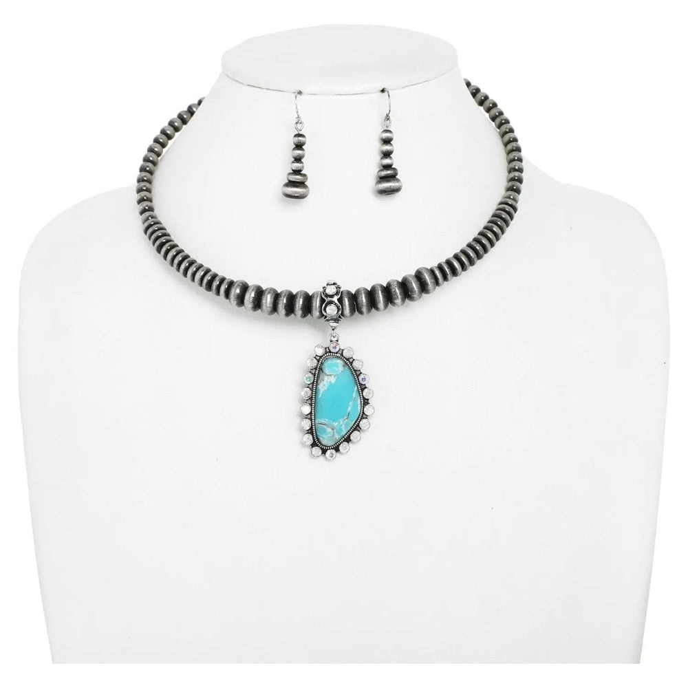 Western Beaded Stone Pendant Collar Necklace - LECCE