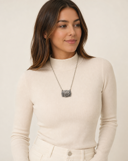 Model wearing Western Belt Buckle Initial Necklace with letter A