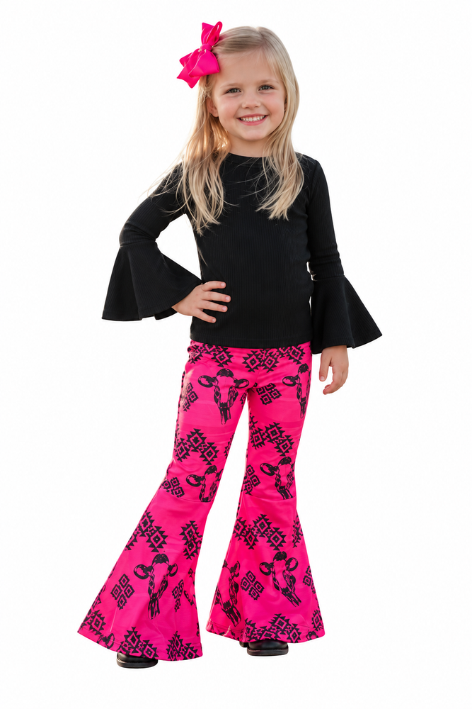 Western Black Bull & Aztec Bell-Bottom Girls Set on white background