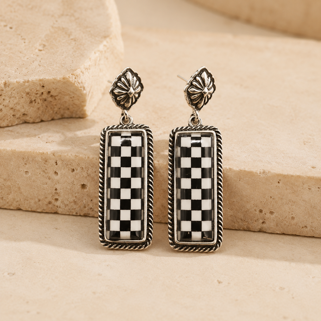 Western Checker Bar Design Earrings