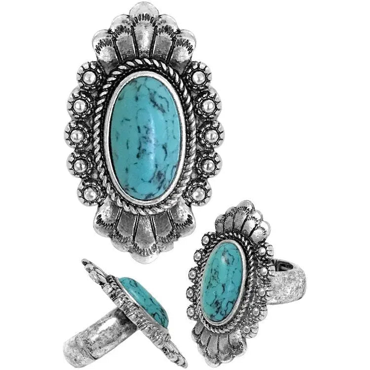 Western Concho Floral Oval Gem Stone Stretch Ring - LECCE