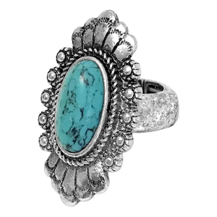 Western Concho Floral Oval Gem Stone Stretch Ring - LECCE