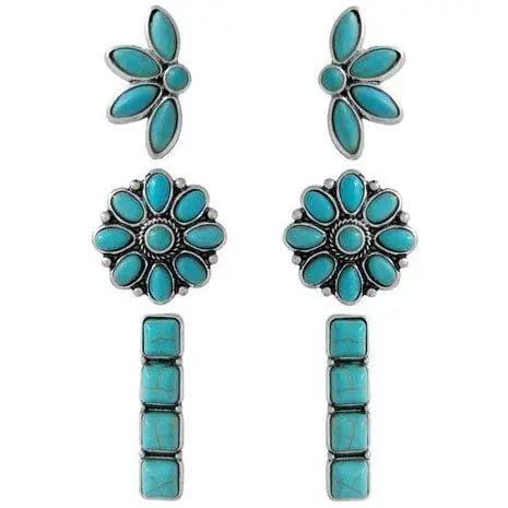 Western Concho Flower Bar Gemstone Earrings Set - LECCE