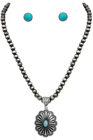Western Concho Flower Gem Stone Necklace Set - LECCE