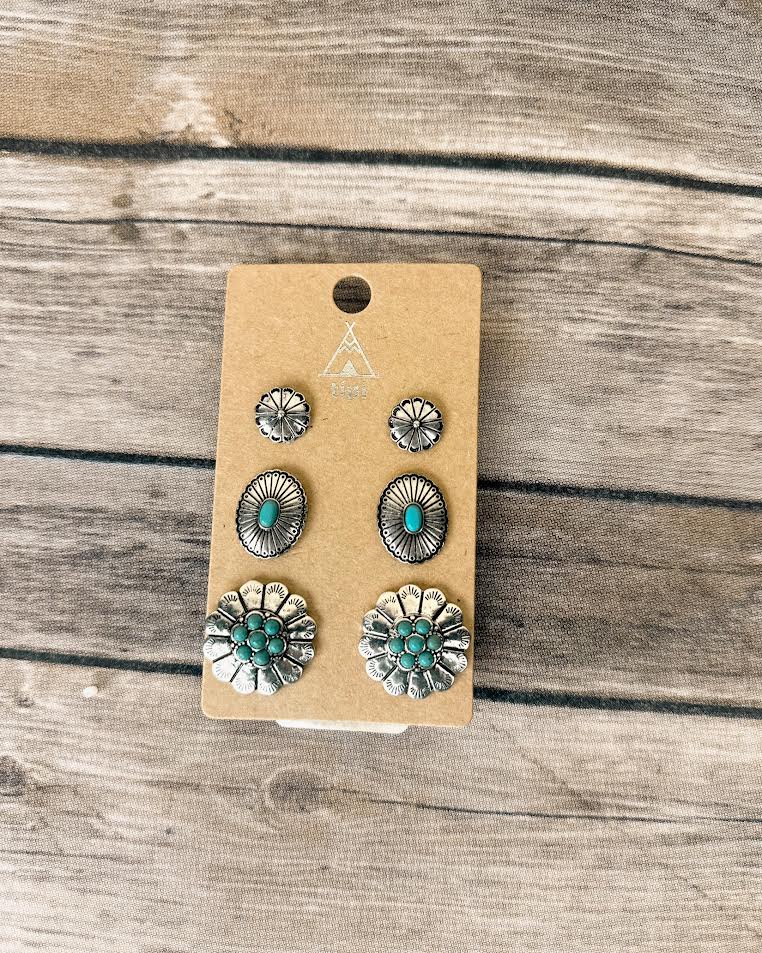 Western Concho Flower Gem Stone Stud Earrings Set