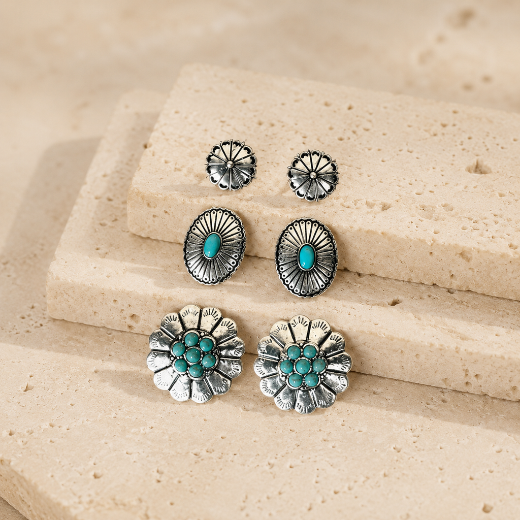Western Concho Flower Gem Stone Stud Earrings Set