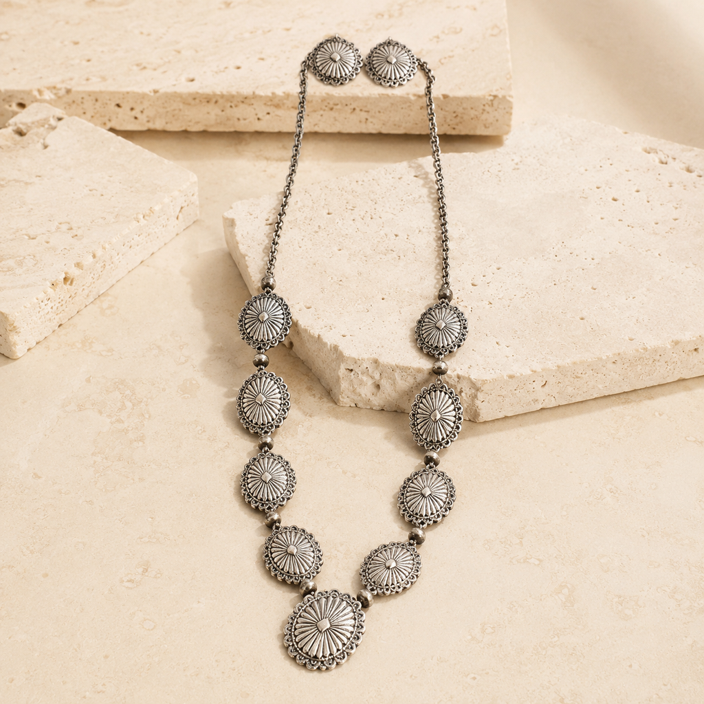 Western Concho Flower Navajo Pearl Necklace Set