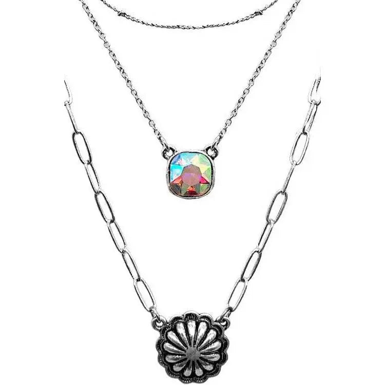 Western Concho Flower Rhinestone Layered Necklace - LECCE