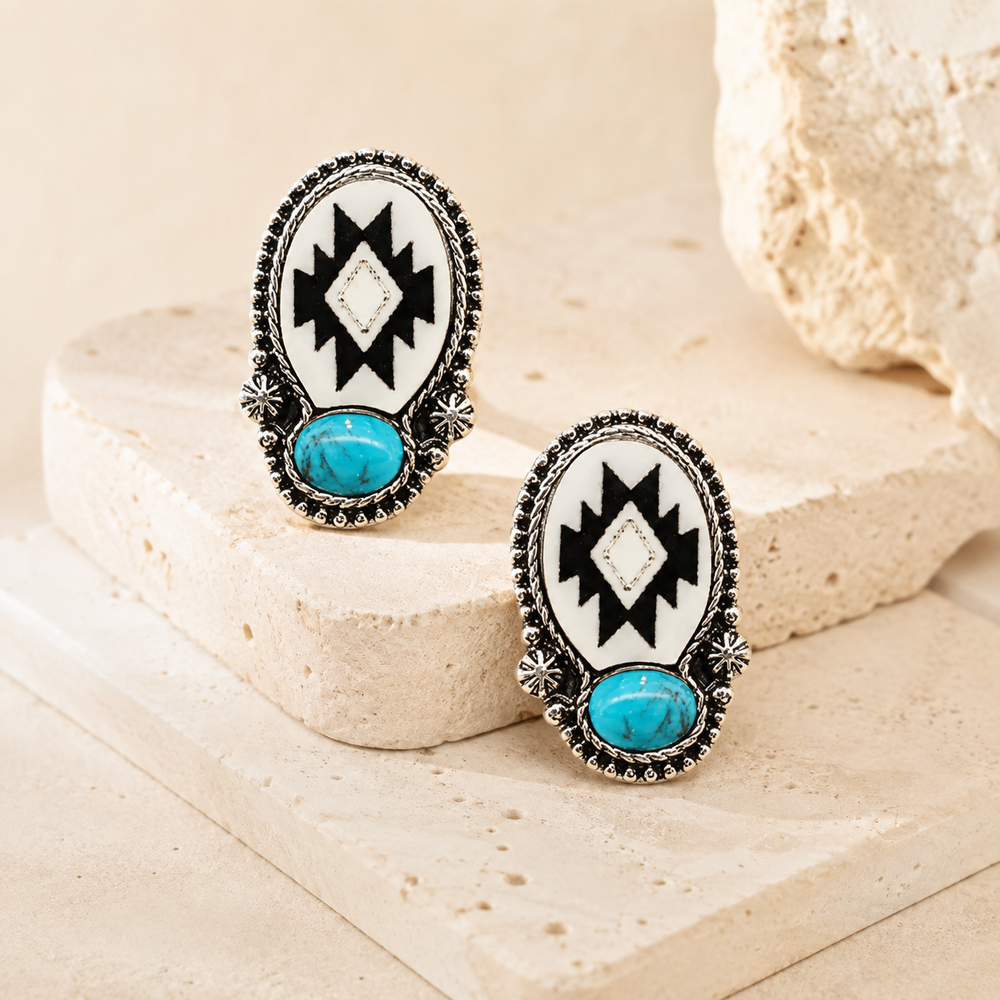 Western Concho Gemstone Aztec Epoxy Stud Earring on cream stone background