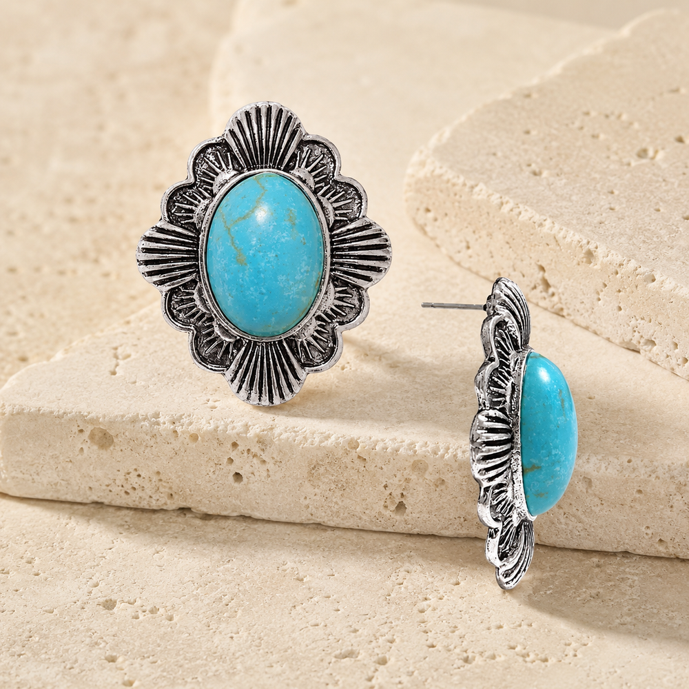 Western Concho Gemstone Flower Stud Earring on cream stone background