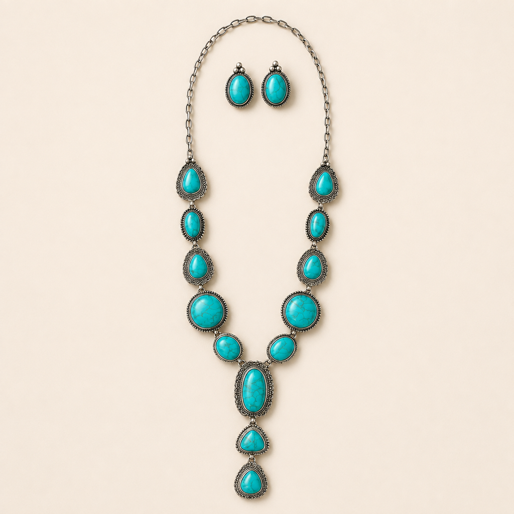 Western Concho Gemstone Lariat Y Necklace Set