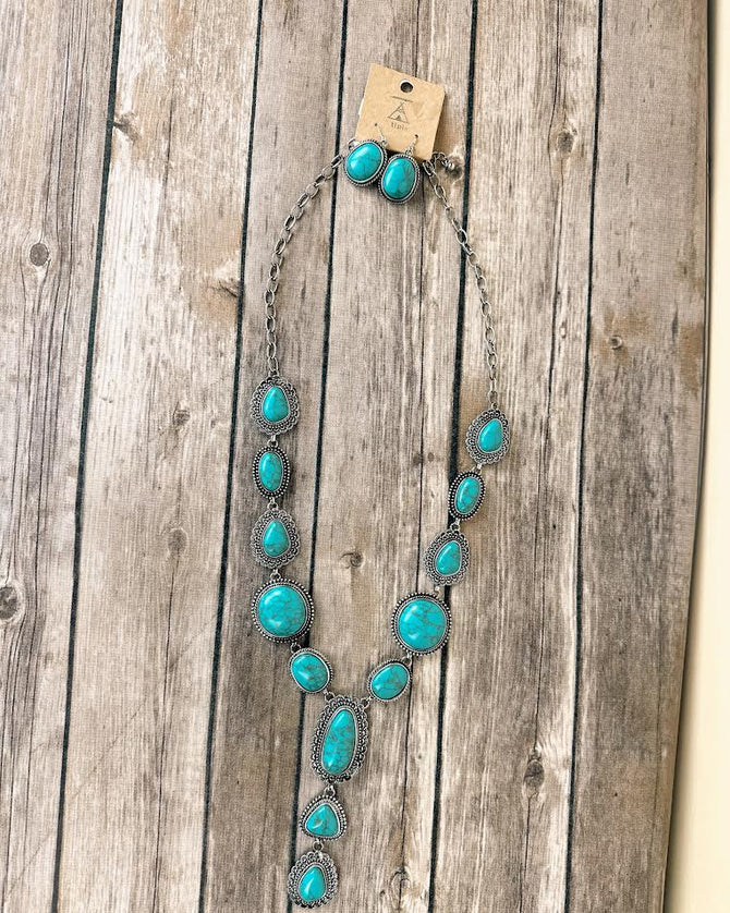 Western Concho Gemstone Lariat Y Necklace Set
