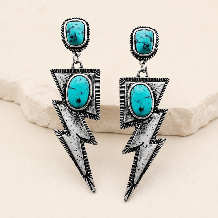 Western Concho Lightning Bolt Gemstone Earrings on ivory background
