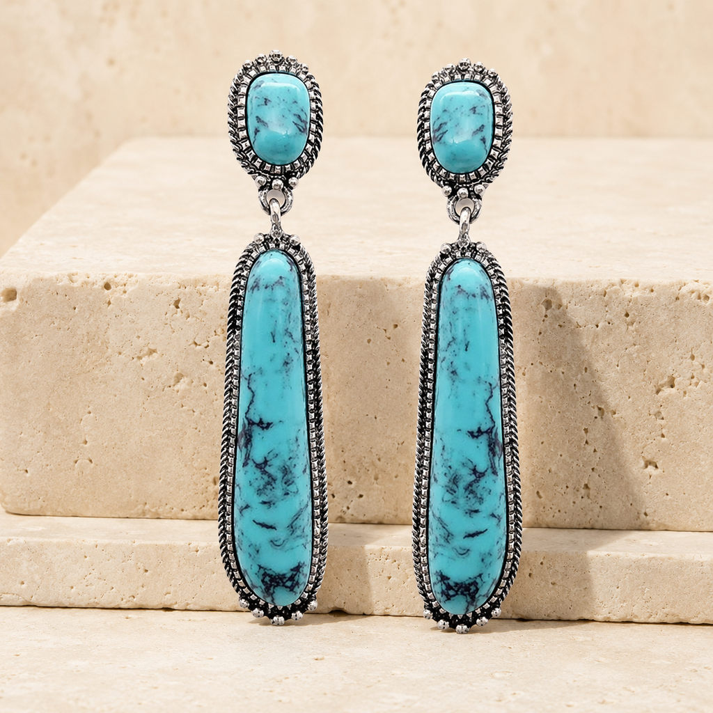 Western Concho Linear Oval Gem Stone Drop Earrings
