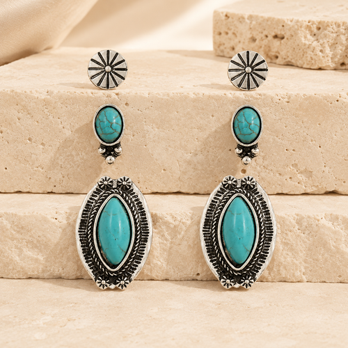 Western Concho Marquise Gemstone Earrings Set on cream stone background