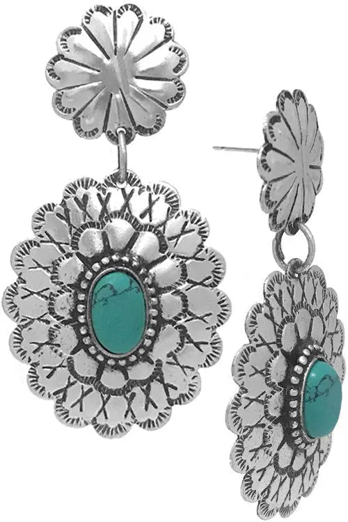 Western Concho Textured Flower Gemstone Earring - LECCE
